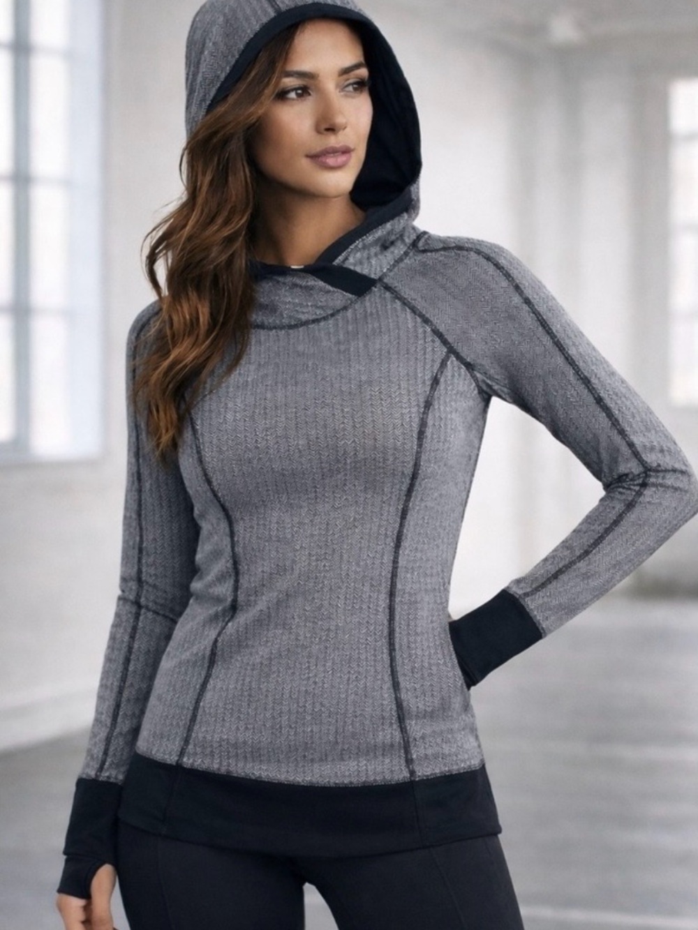 Lululemon Think Fast Hoodie Black/Gray Heathered Herringbone, Long Sleeve, Sz 4